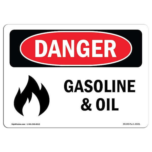 Safety Sign, OSHA Danger, 3.5" Height, Gasoline And Oil, Landscape, 10PK